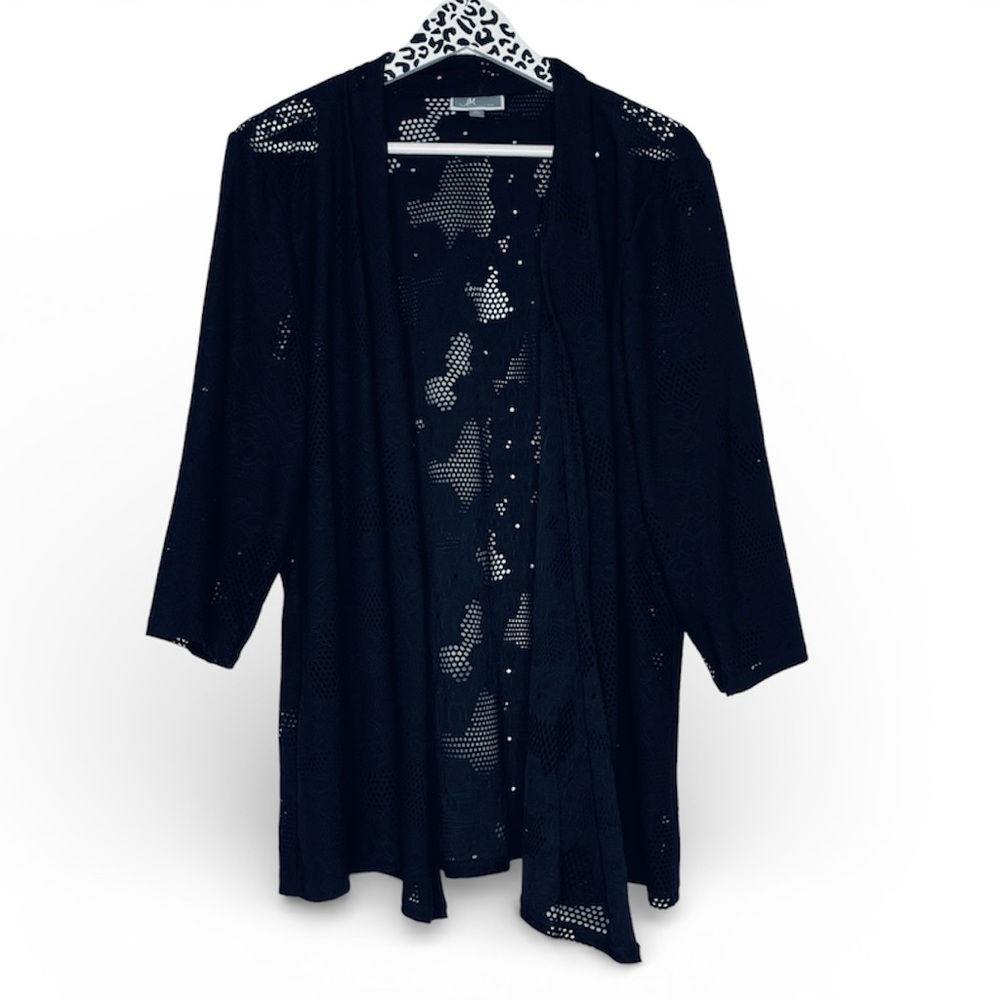 JM Collection Macy’s Black lace Floral print open jacket Size XL